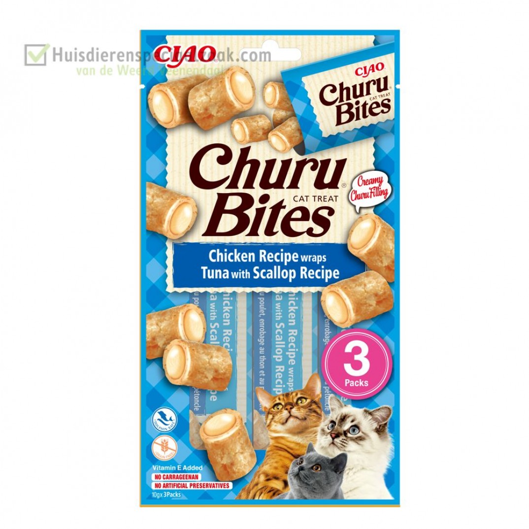 Inaba Churu bites kat Kip met tonijn en Sint-jakobsschelp